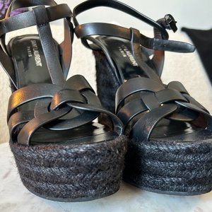YSL BLACK TRIBUTE ESPADRILLES WEDGE IN CALFSKIN LEATHER